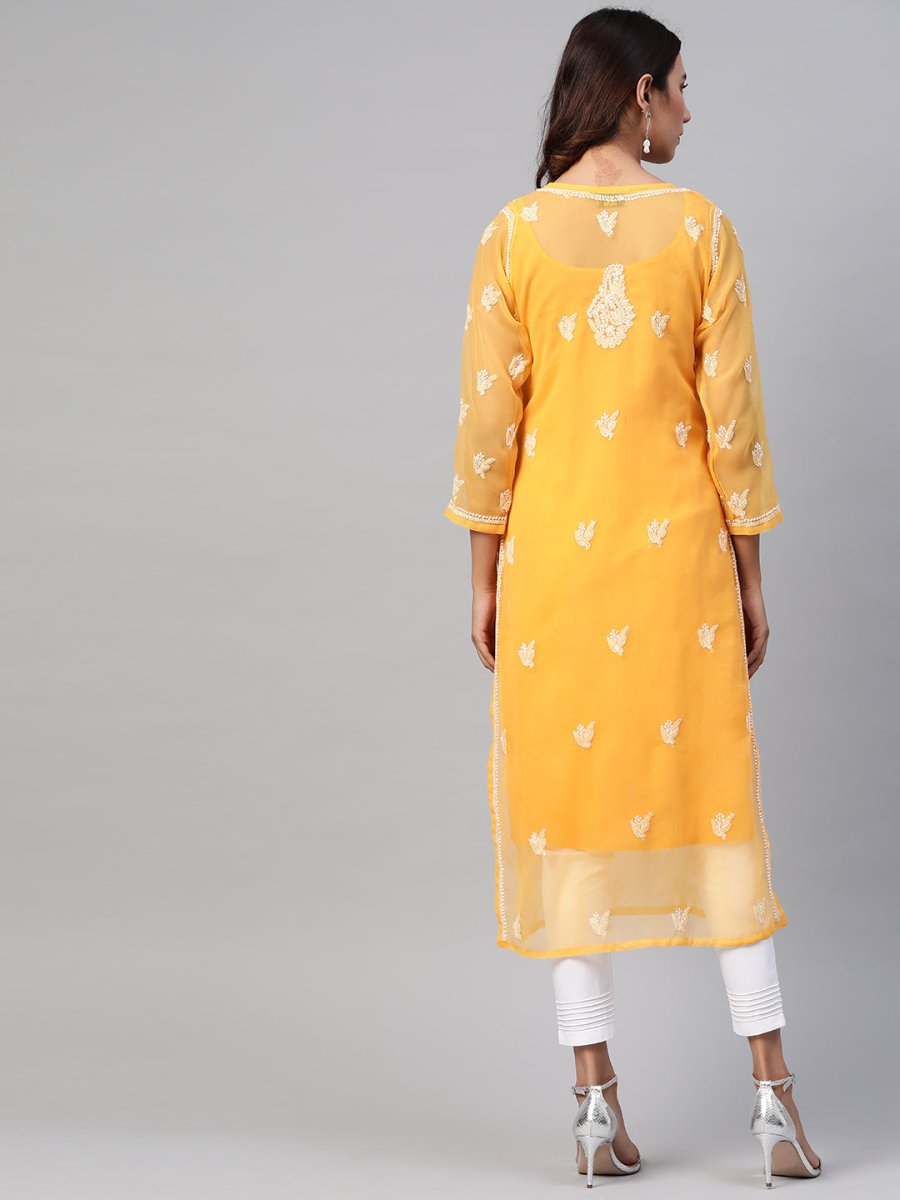 ADA Women Mustard & White Chikankari Embroidered Sustainable Kurta with Trousers & Inner | Swadesiicart
