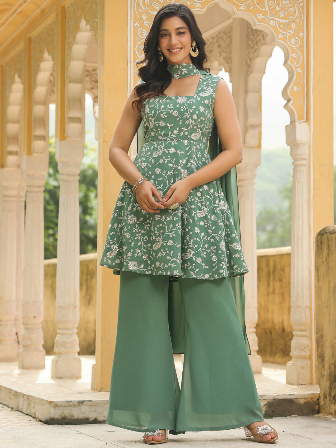 Janasya Sage Green Georgette Embroidered Kurta,Bottom & Dupatta | Swadesiicart