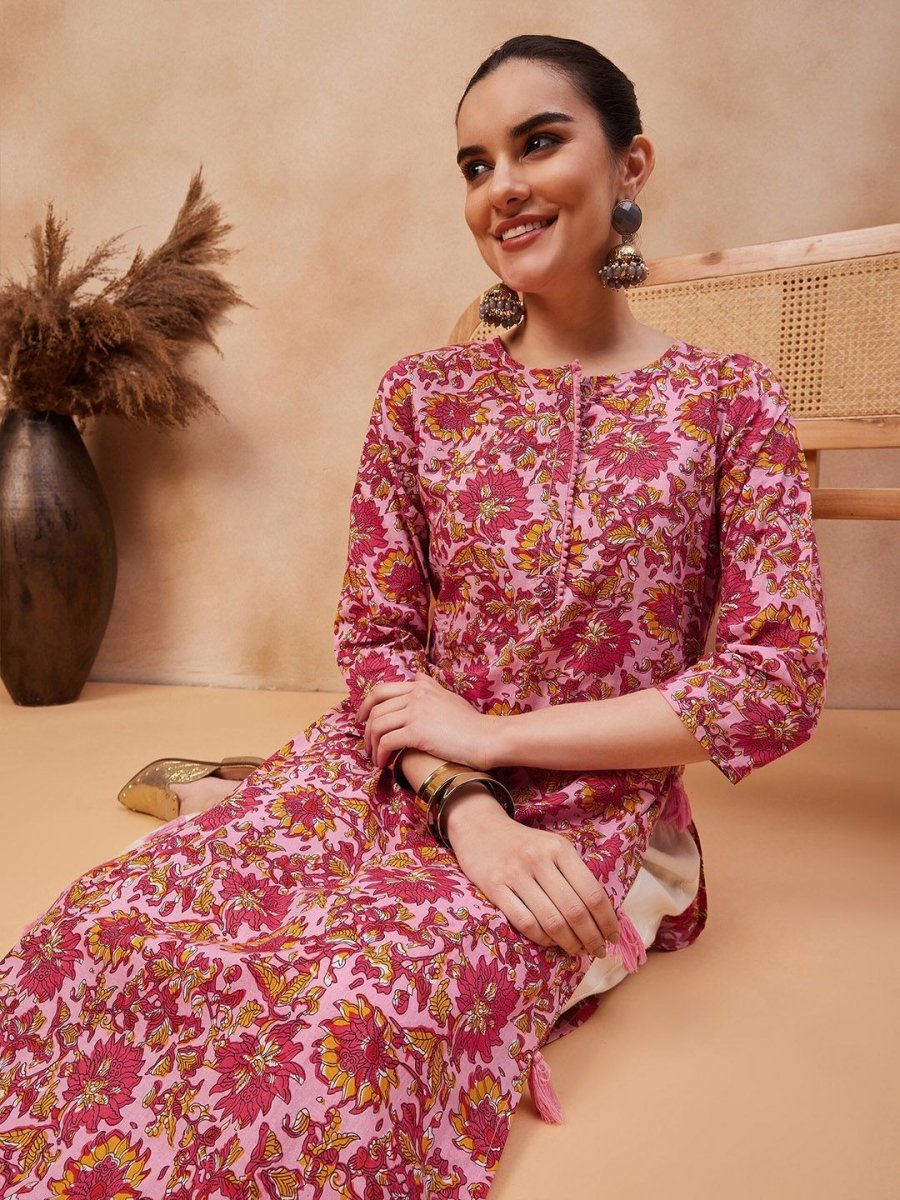 Anouk Floral Printed Round Neck Pure Cotton Straight Kurta - Swadesiicart