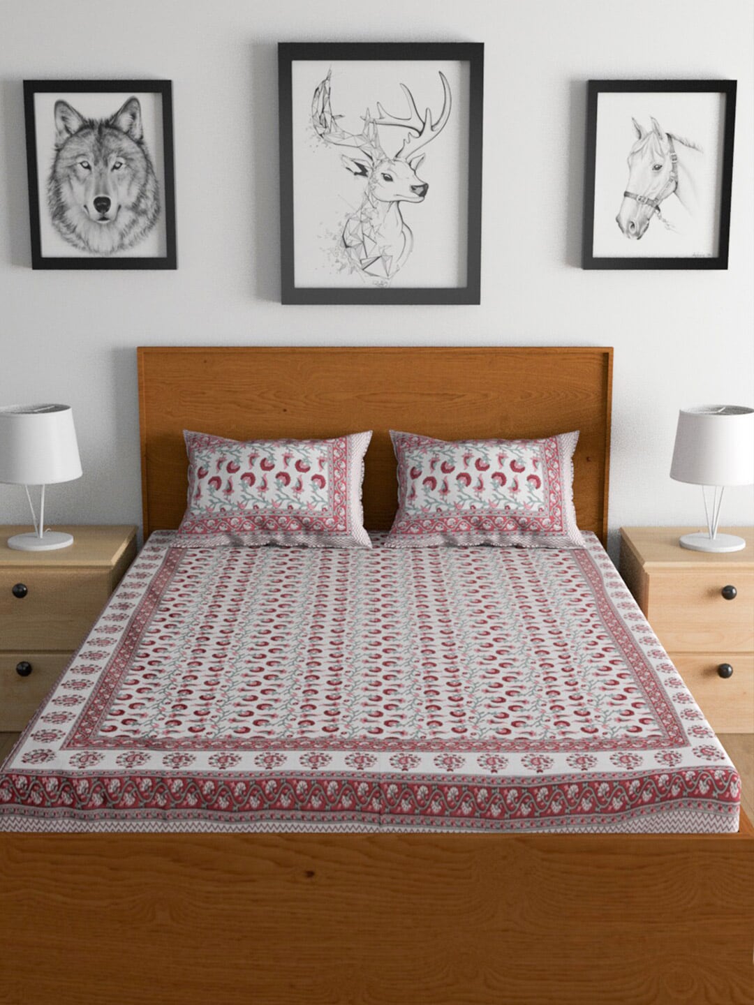 Urban Magic Pink & White Ethnic Motifs Cotton 104 TC King Bedsheet & 2 Pillow Covers - Swadesiicart