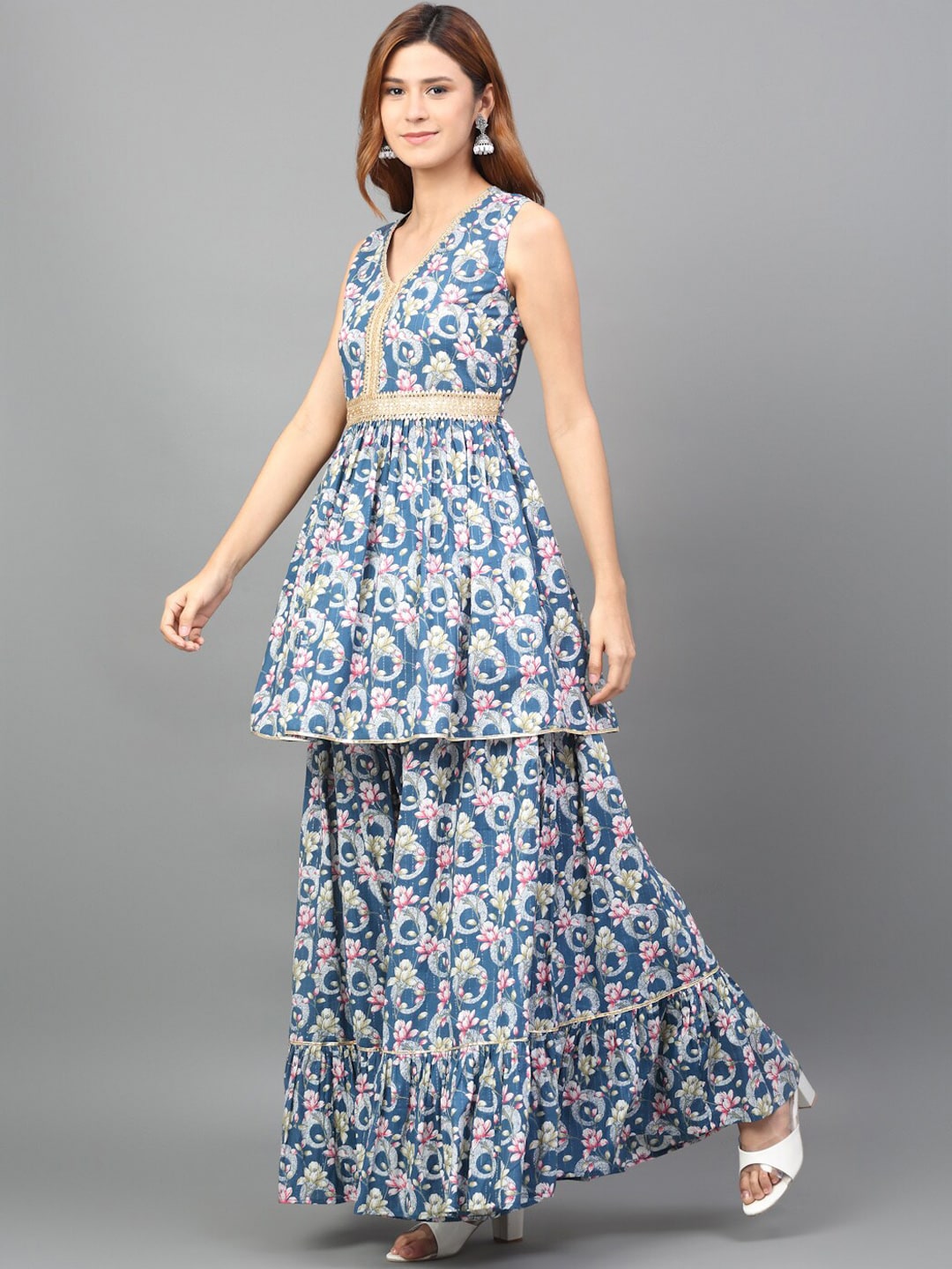 Kalini Floral Printed Empire Pure Cotton Kurta with Sharara | Swadesiicart
