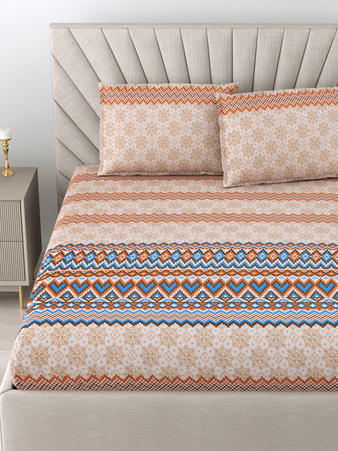 BOMBAY DYEING Brown & Blue Ethnic Motifs Cotton 250 TC King Bedsheet With 2 Pillow Covers - Swadesiicart