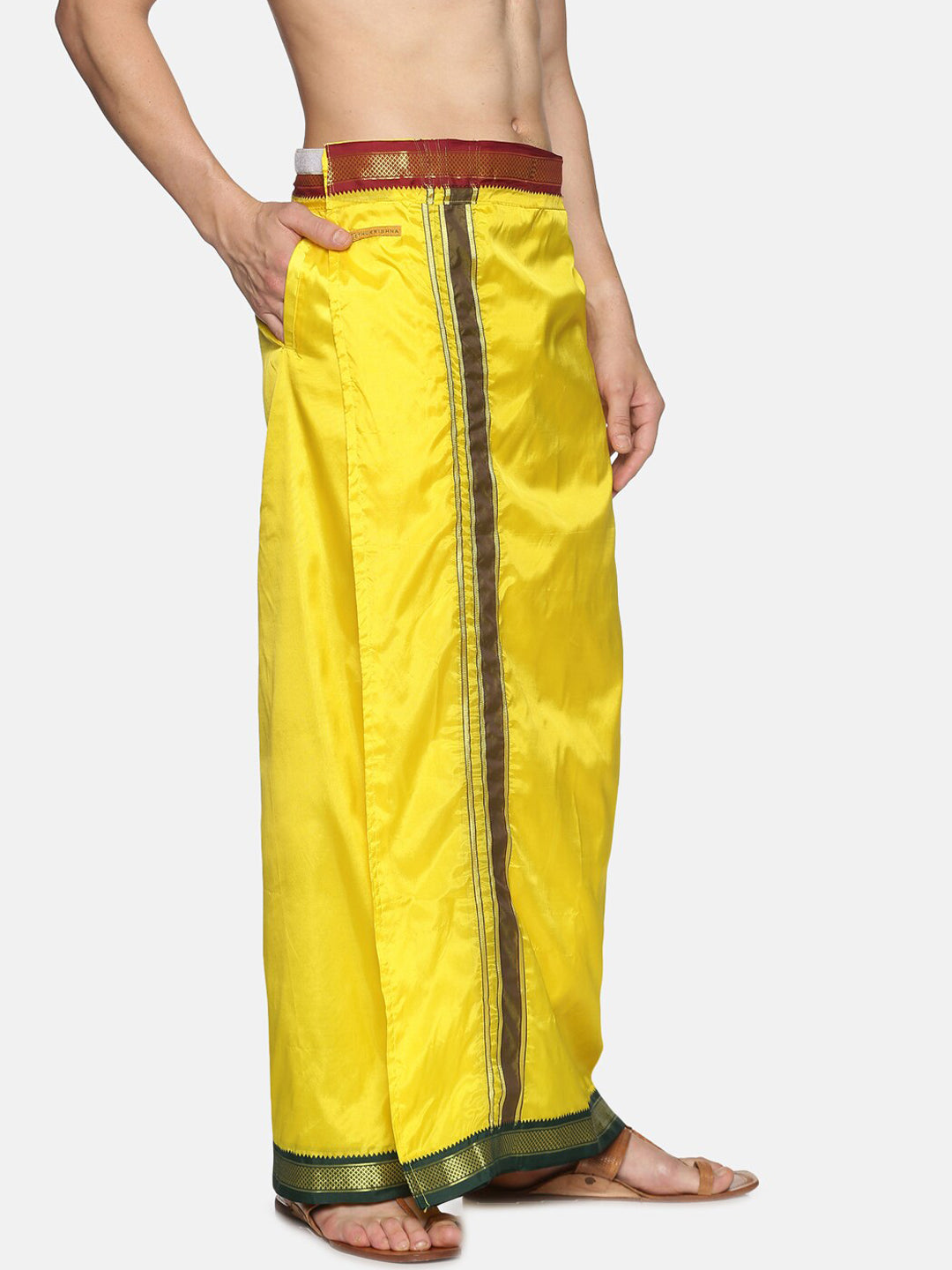 Sethukrishna Men Yellow & Green Solid Readymade Veshti Dhoti | Swadesiicart
