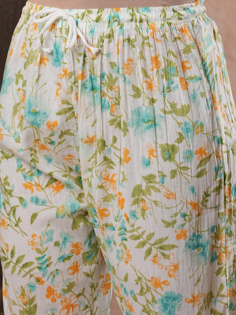 ADA Floral Printed Round Neck Regular Lucknowi Chikankari Kurta with Trousers | Swadesiicart