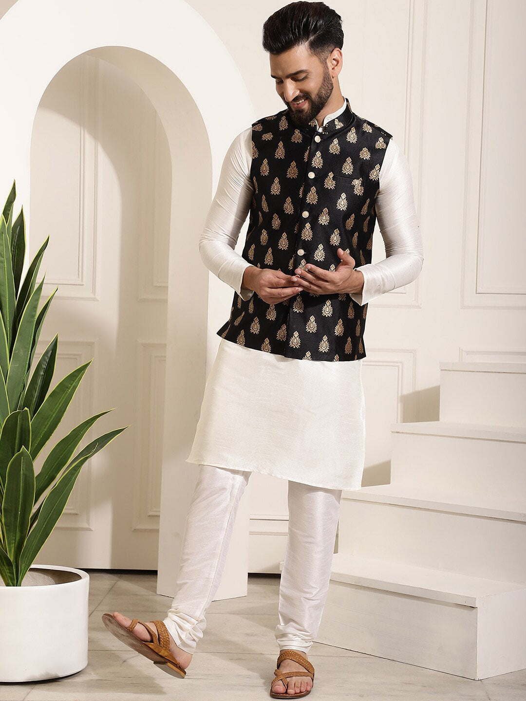 Sojanya Band Collar Straight Kurta & Churidar with Nehru jacket | Swadesiicart