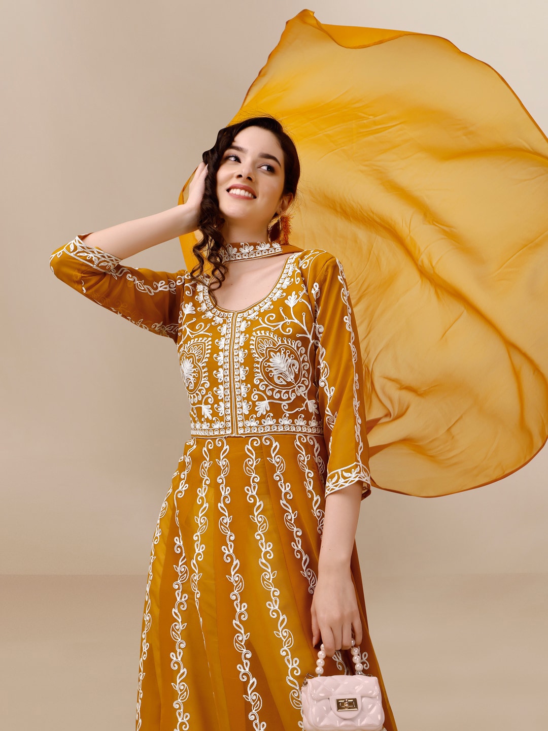 HERE&NOW Floral Lucknowi Chikankari Embroidered Georgette Anarkali Kurta with Dupatta | Swadesiicart