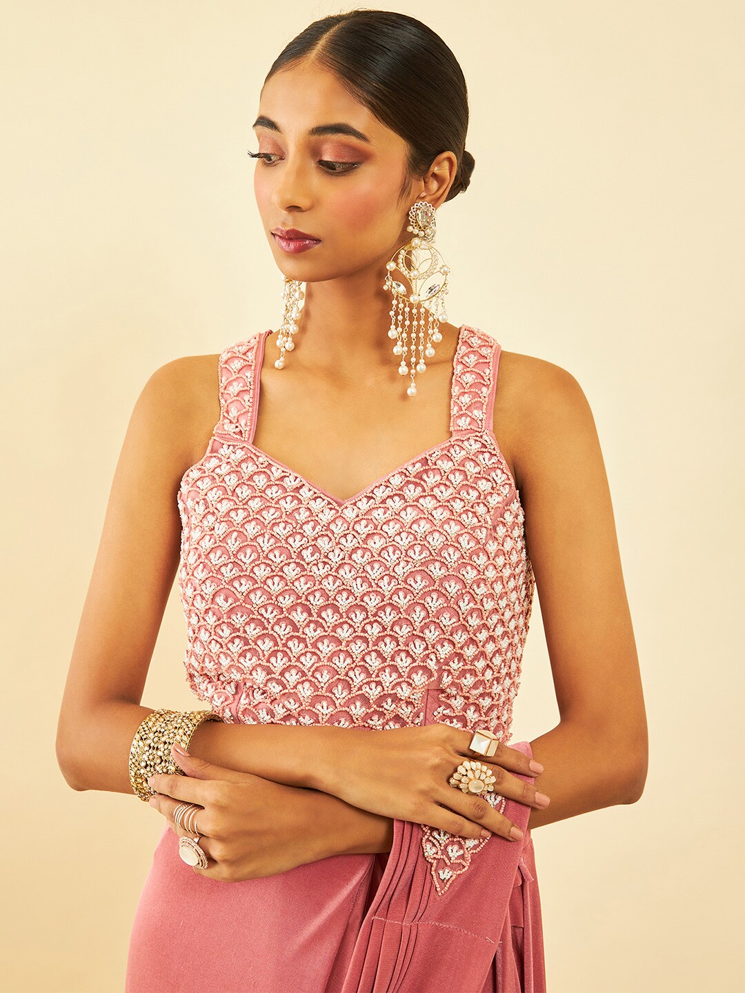 Soch Pink Beads and Stones Embellished Ready to Wear Saree | Swadesiicart