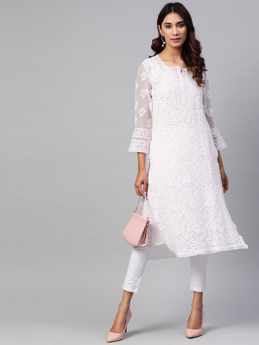ADA Women Pink & White Chikankari Embroidered Handloom Kurta with Trousers | Swadesiicart
