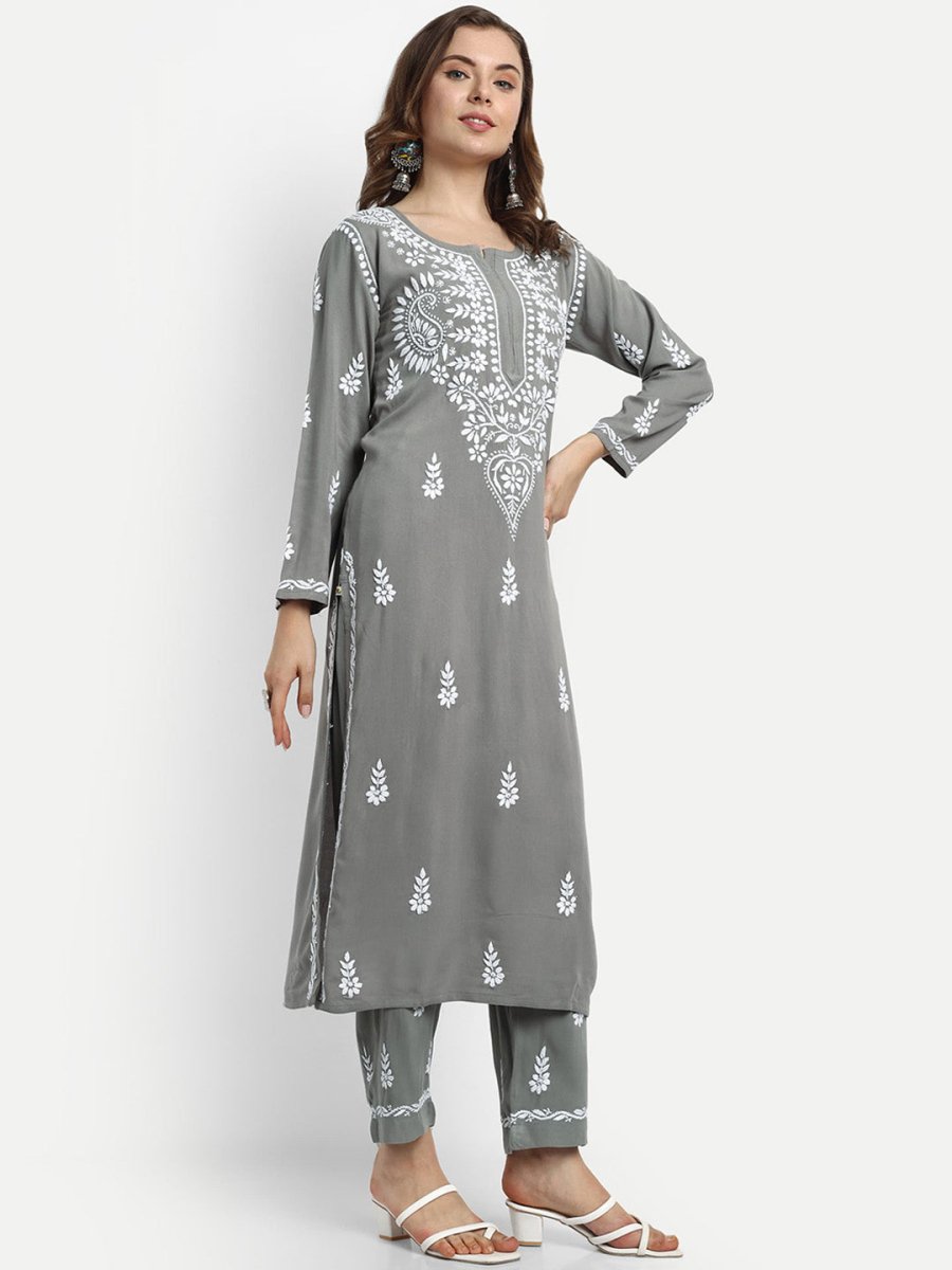 ADA Ethnic Motifs Embroidered Lucknowi Chikankari Kurta with Trousers | Swadesiicart