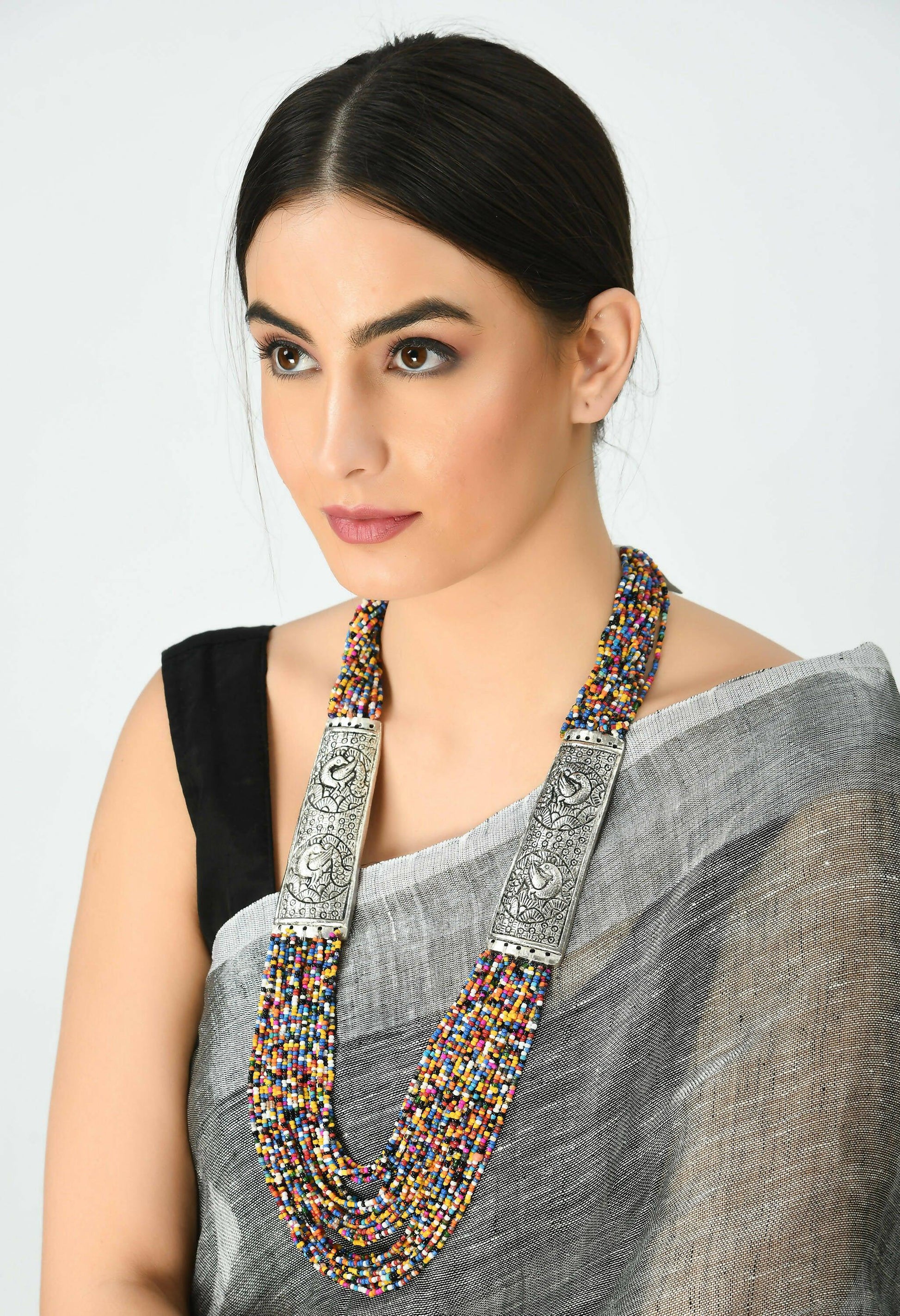 Mominos Fashion Johar Kamal Oxidised Multi Beads Long Statement Necklace For Women | Swadesiicart