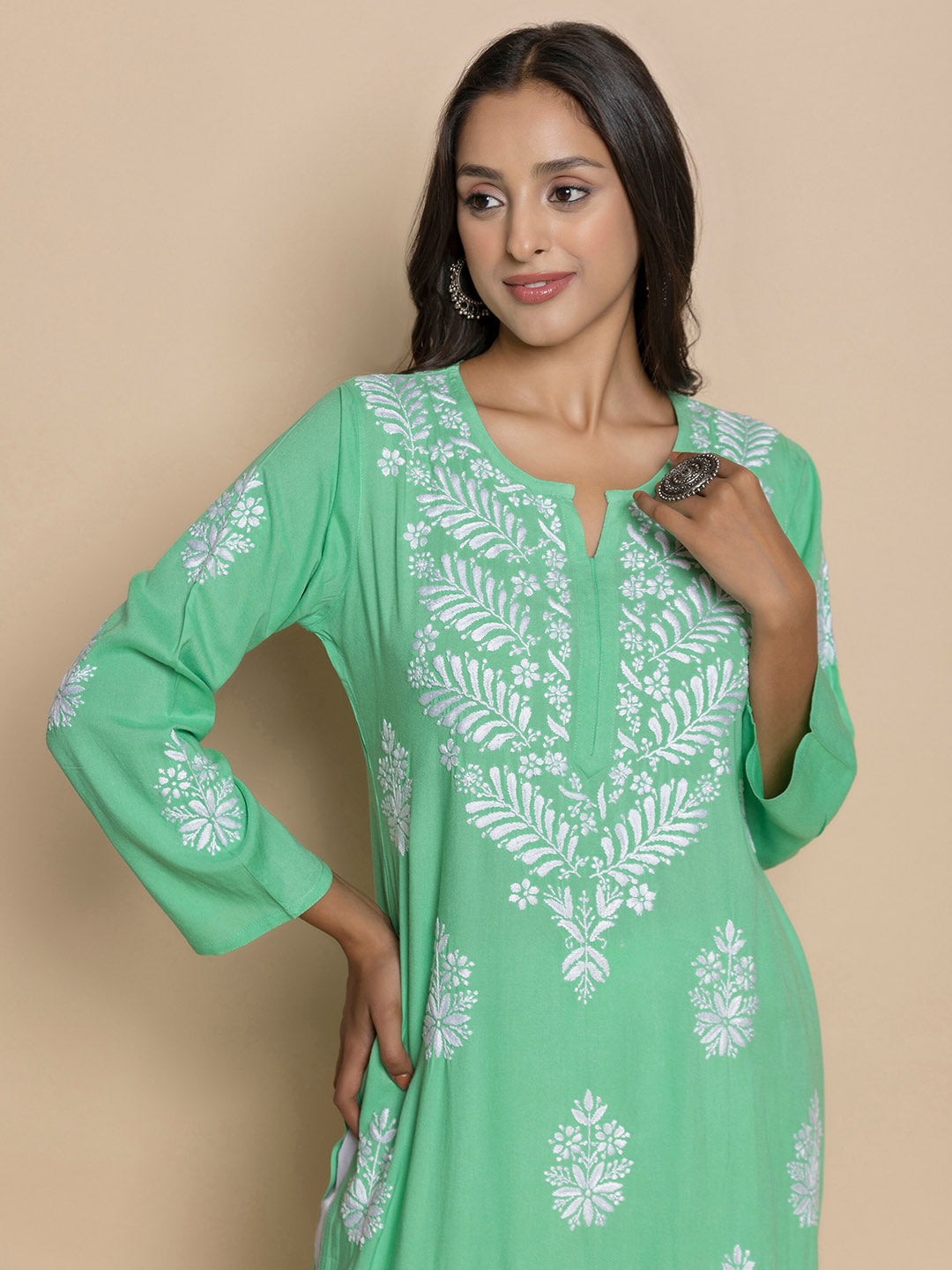 HOUSE OF KARI Floral Embroidered Chikankari A-Line Kurta | Swadesiicart