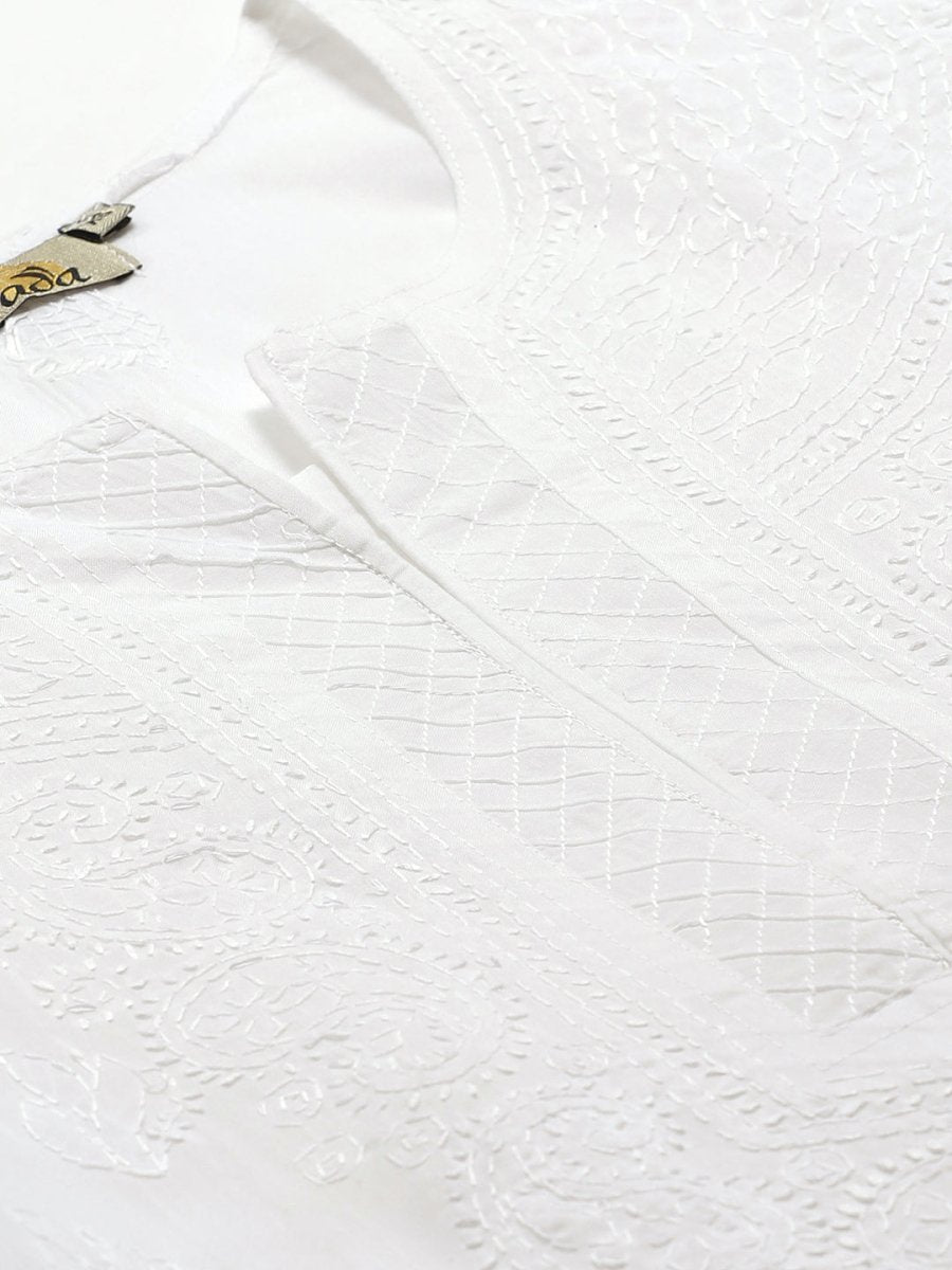 ADA Women White & Black Chikankari Embroidered Semi-Sheer Sustainable Handloom Kurta with Churidar | Swadesiicart