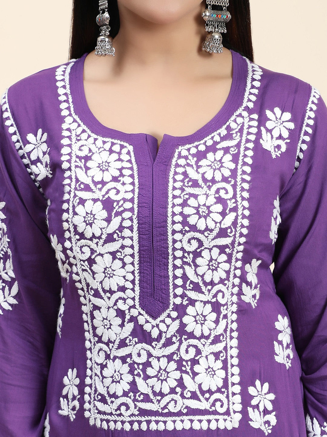 HOUSE OF KARI Women Purple Floral Embroidered Chikankari Pure Cotton Kurta with Palazzos | Swadesiicart