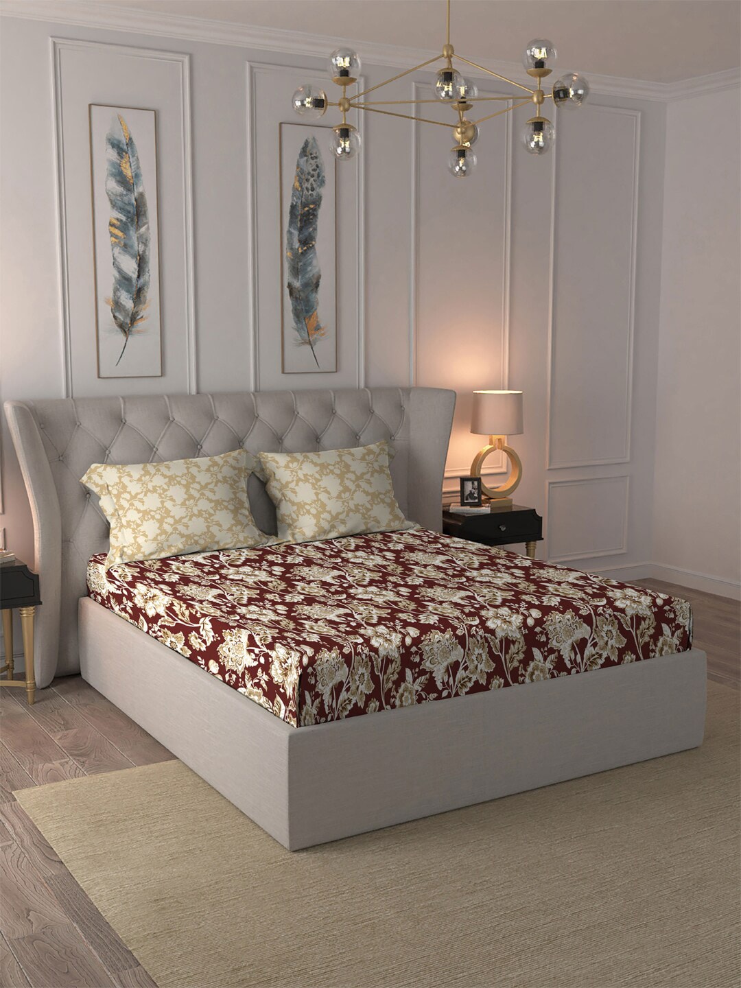 MYTRIDENT Red White Ethnic Motifs Cotton 120 TC Queen Bedsheet With 2 Pillow Covers - Swadesiicart