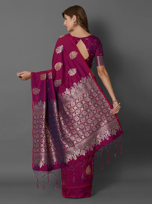 Mitera Magenta Silk Blend Woven Design Banarasi Saree | Swadesiicart