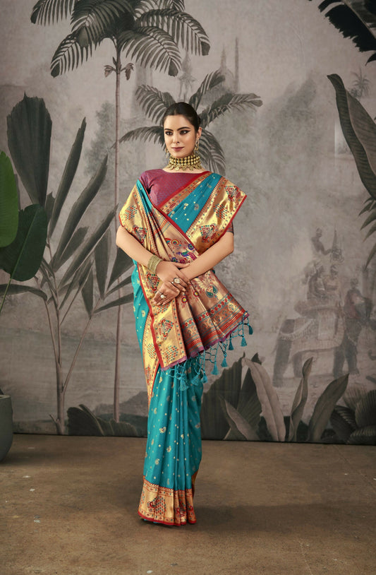 Vishnu Weaves Women's Rama Paithani Silk Saree with Blouse - Swadesiicart