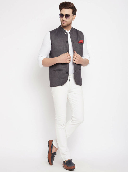 Even Apparels Grey Merino Men Woven Nehru Jacket PW685 | Swadesiicart