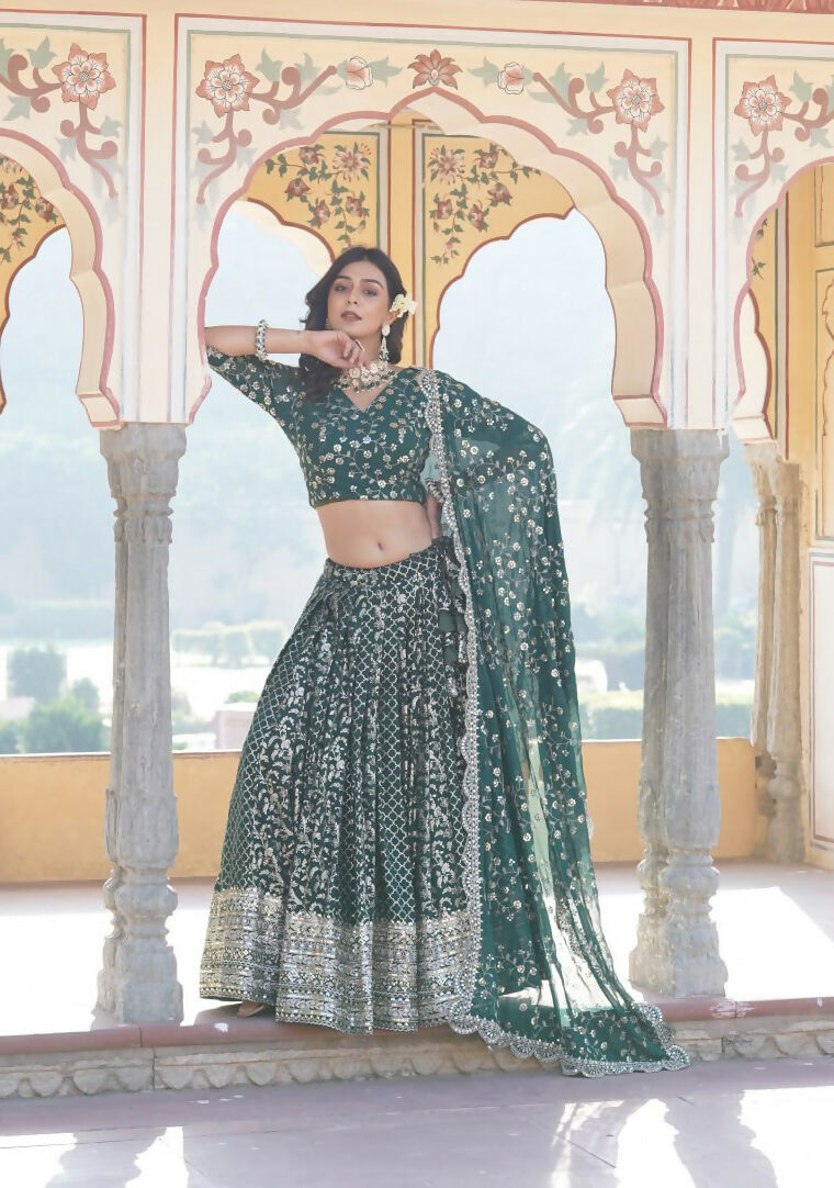 Lorenvalley Green Pure Viscose Jacquard With Embroidered Sequins work Lehenga Choli | Swadesiicart