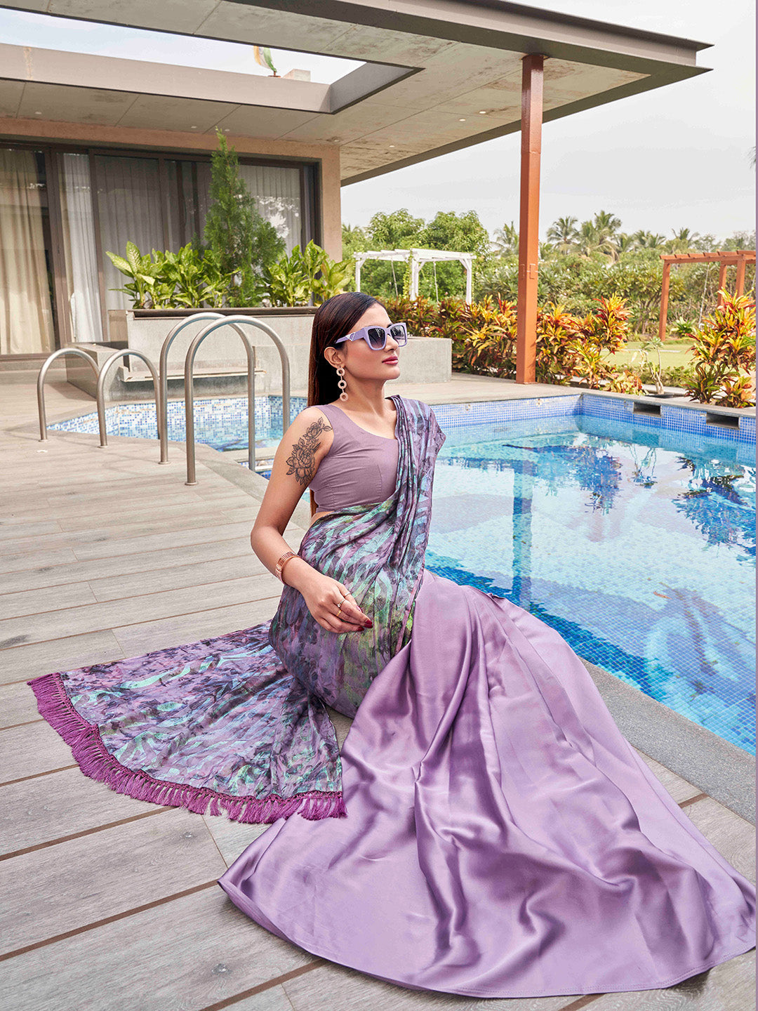 Tikhi Imli Mauve Abstract Printed Satin Half and Half Saree | Swadesiicart