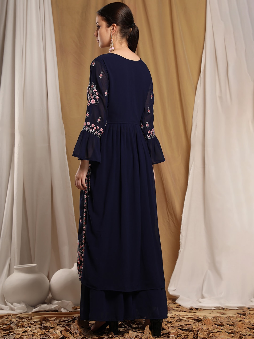 Kalini Women Navy Blue Floral Embroidered Thread Work Kurta with Sharara | Swadesiicart