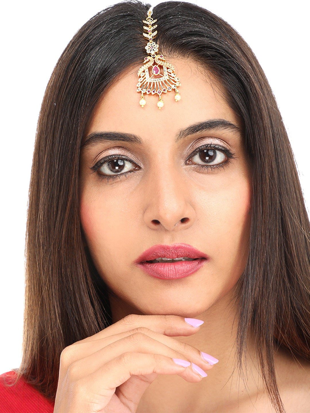 Yellow Chimes Women Gold -Toned Pink & White American Diamond Studded Handcrafted Maang Tikka | Swadesiicart