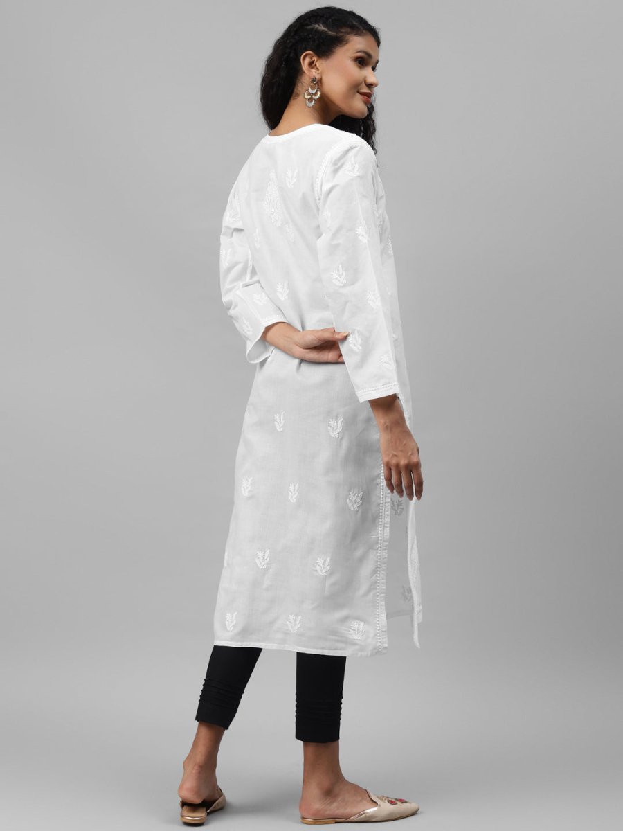 ADA Women White & Black Paisley Embroidered Chikankari Handloom Kurta with Trousers | Swadesiicart