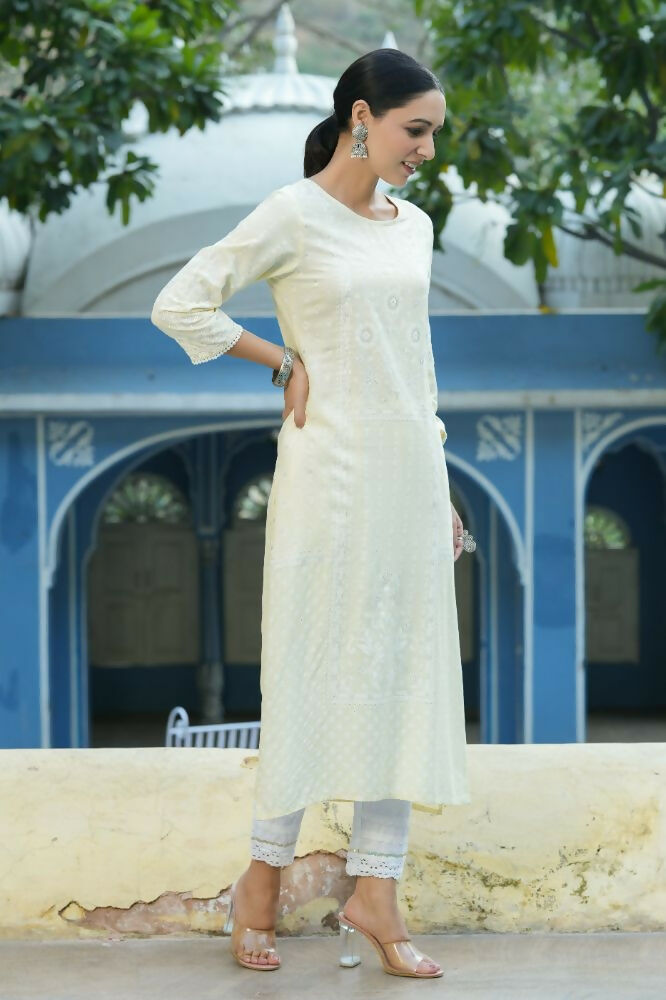 Juniper Light Yellow Ethnic Motif Printed Rayon Kurta With Lace Work - Swadesiicart