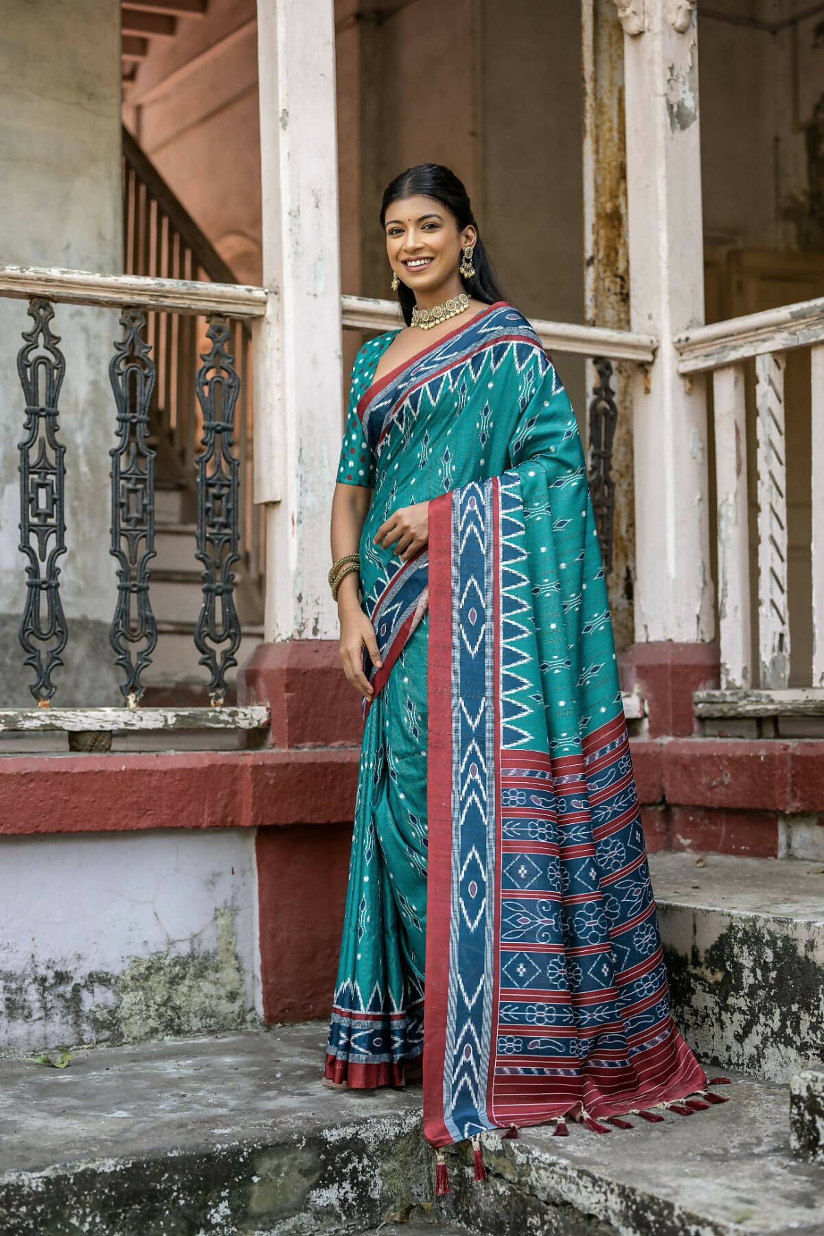 Vishnu Weaves Women's Rama Cotton Silk Printed Saree with Blouse - Swadesiicart