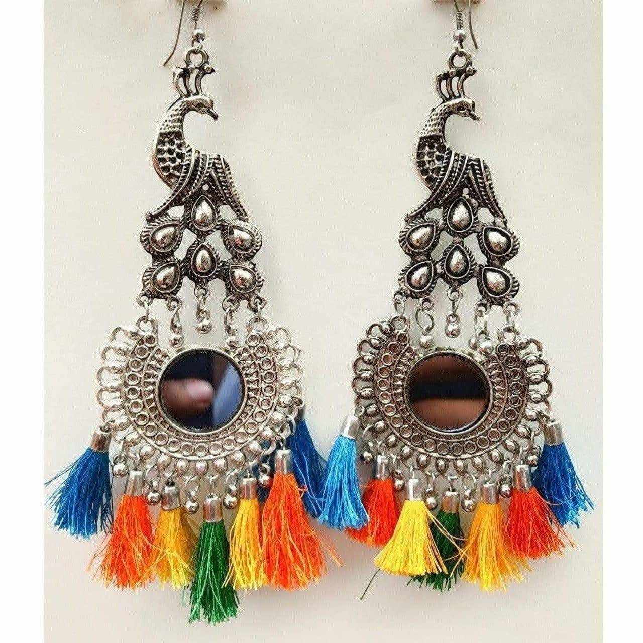 MS Fashion India Peacock Design Mirror Chandbali Silk Thread Party Wear Earrings | Swadesiicart