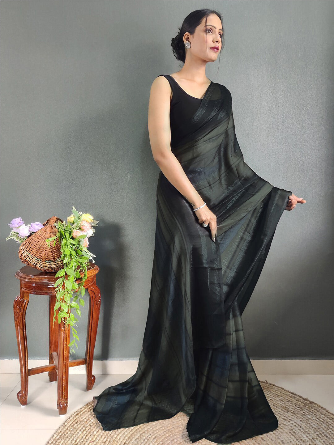 Mitera Striped Zari Poly Georgette Ready to Wear Saree | Swadesiicart