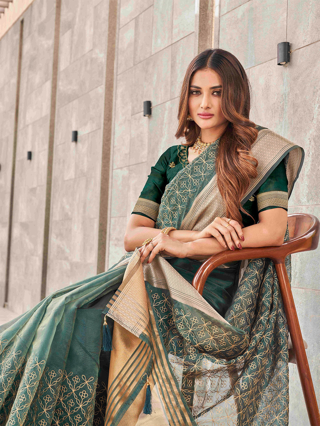 Tikhi Imli Olive Floral Embroidered Zari Organza Saree | Swadesiicart