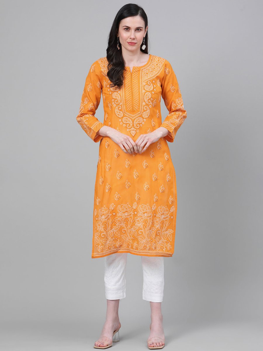 ADA Women Mustard Yellow & White Chikankari Embroidered Cotton Sustainable Handloom Kurta with Palazzos | Swadesiicart