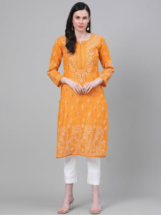 ADA Women Mustard Yellow & White Chikankari Embroidered Cotton Sustainable Handloom Kurta with Palazzos | Swadesiicart