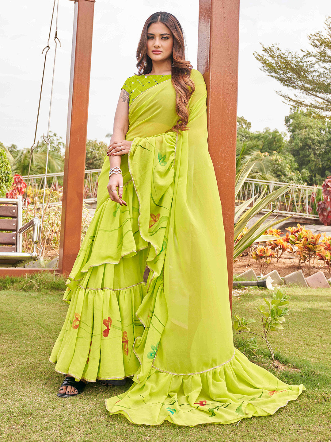 Tikhi Imli Printed Ruffle Saree With Mirror Embroidered Work Blouse | Swadesiicart