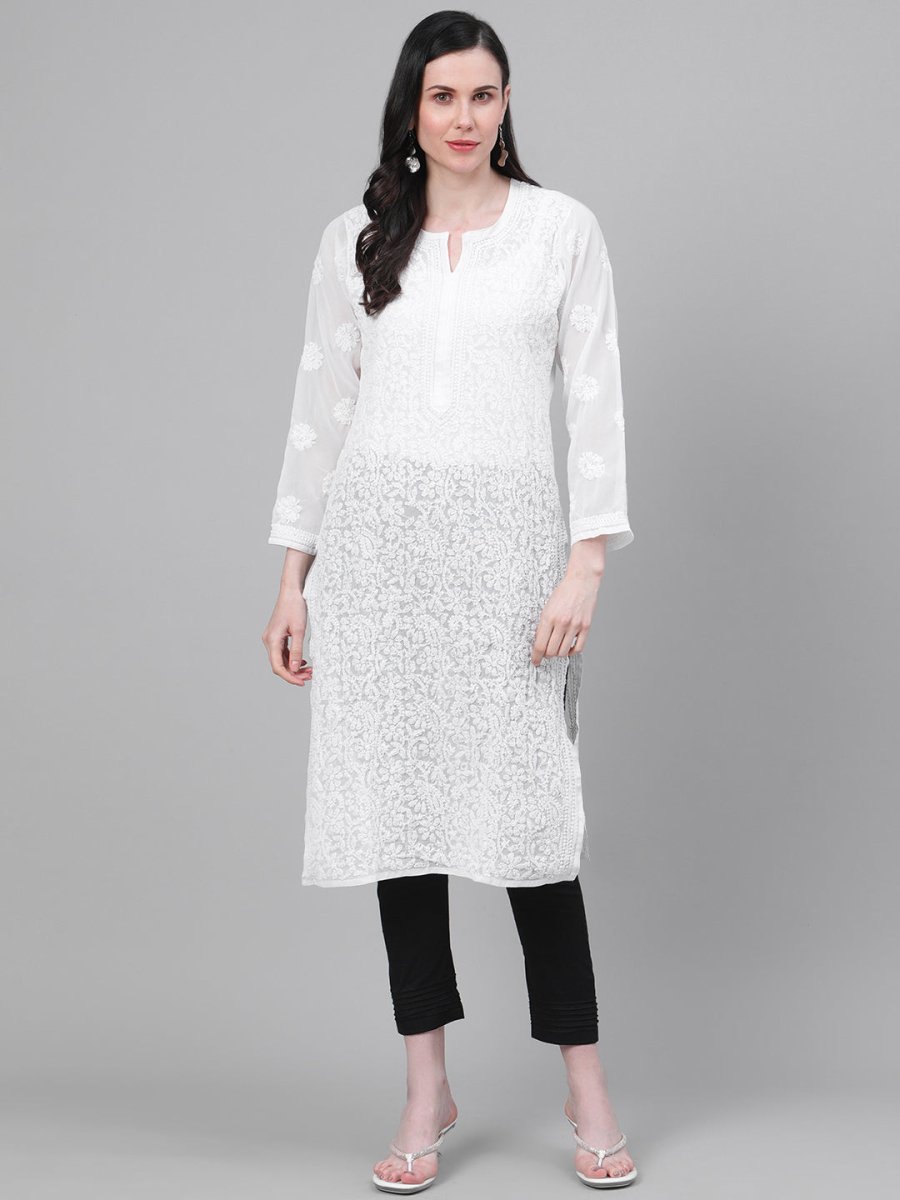 ADA Women White & Black Chikankari Embroidered Sustainable Handloom Kurta with Trousers | Swadesiicart