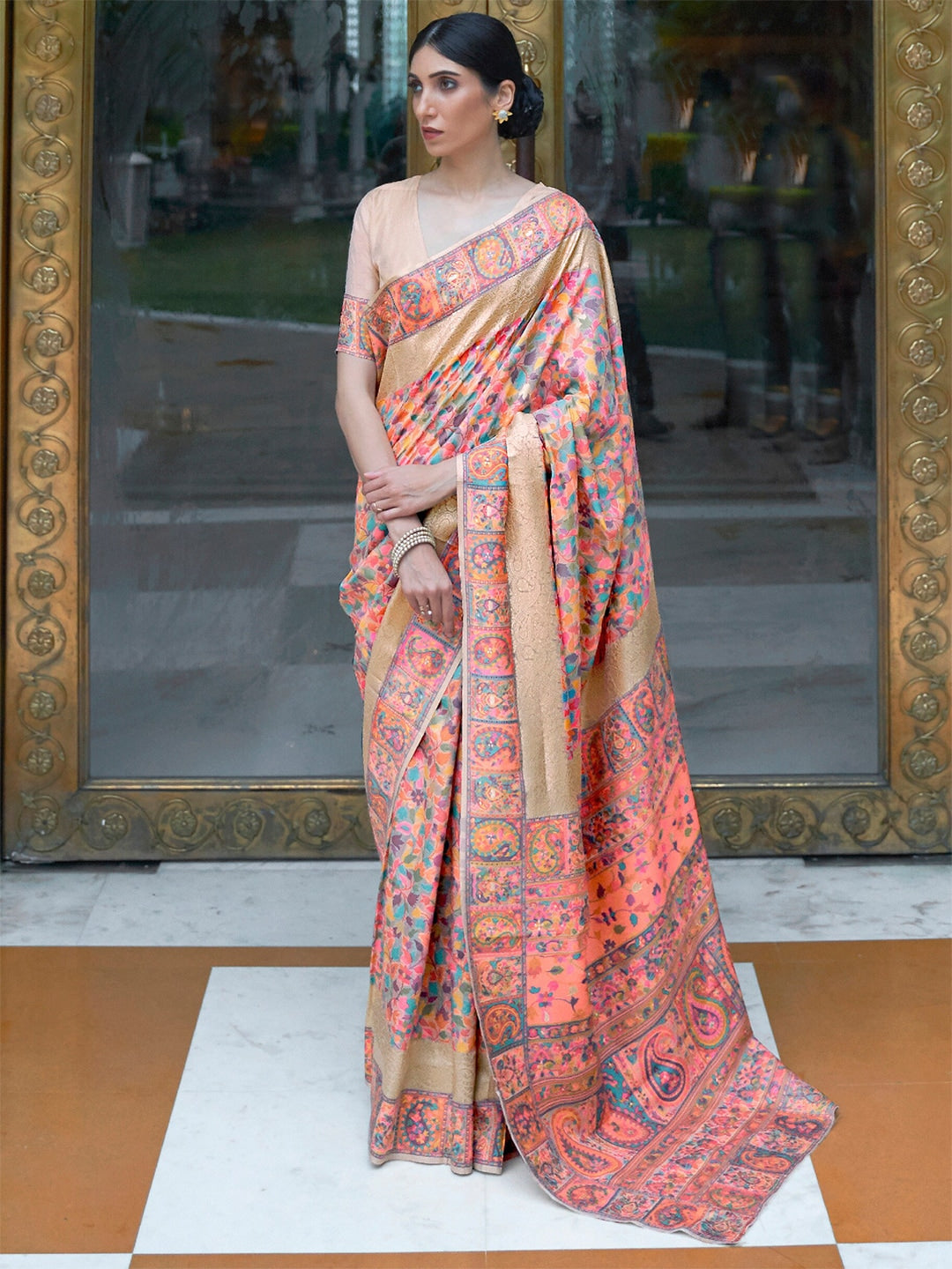 Mitera Peach-Coloured & Blue Woven Design Silk Blend Banarasi Saree | Swadesiicart