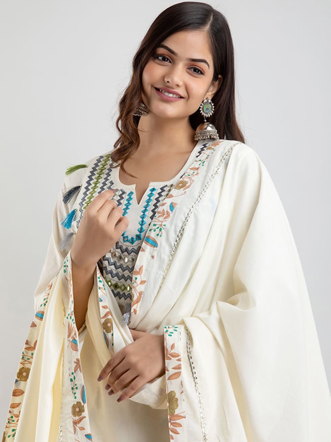 Kalini Off White Floral Yoke Desig Mirror Work Pure Cotton Kurta & Sharara With Dupatta | Swadesiicart