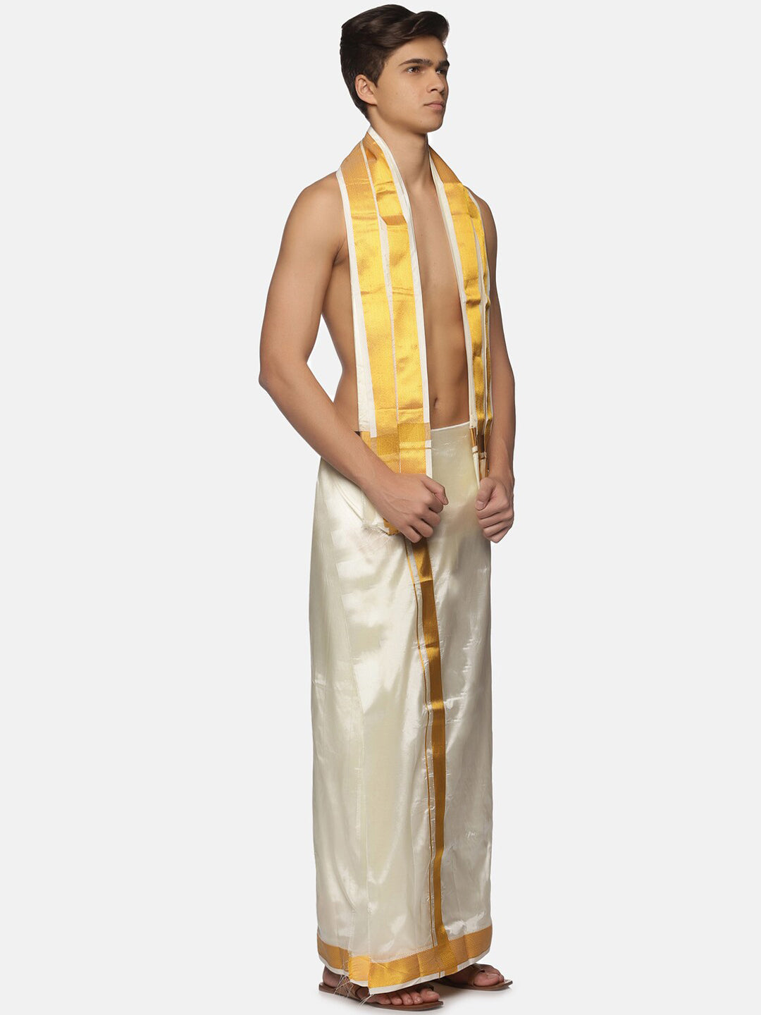 Sethukrishna Men Cream-Coloured Solid Dhoti | Swadesiicart