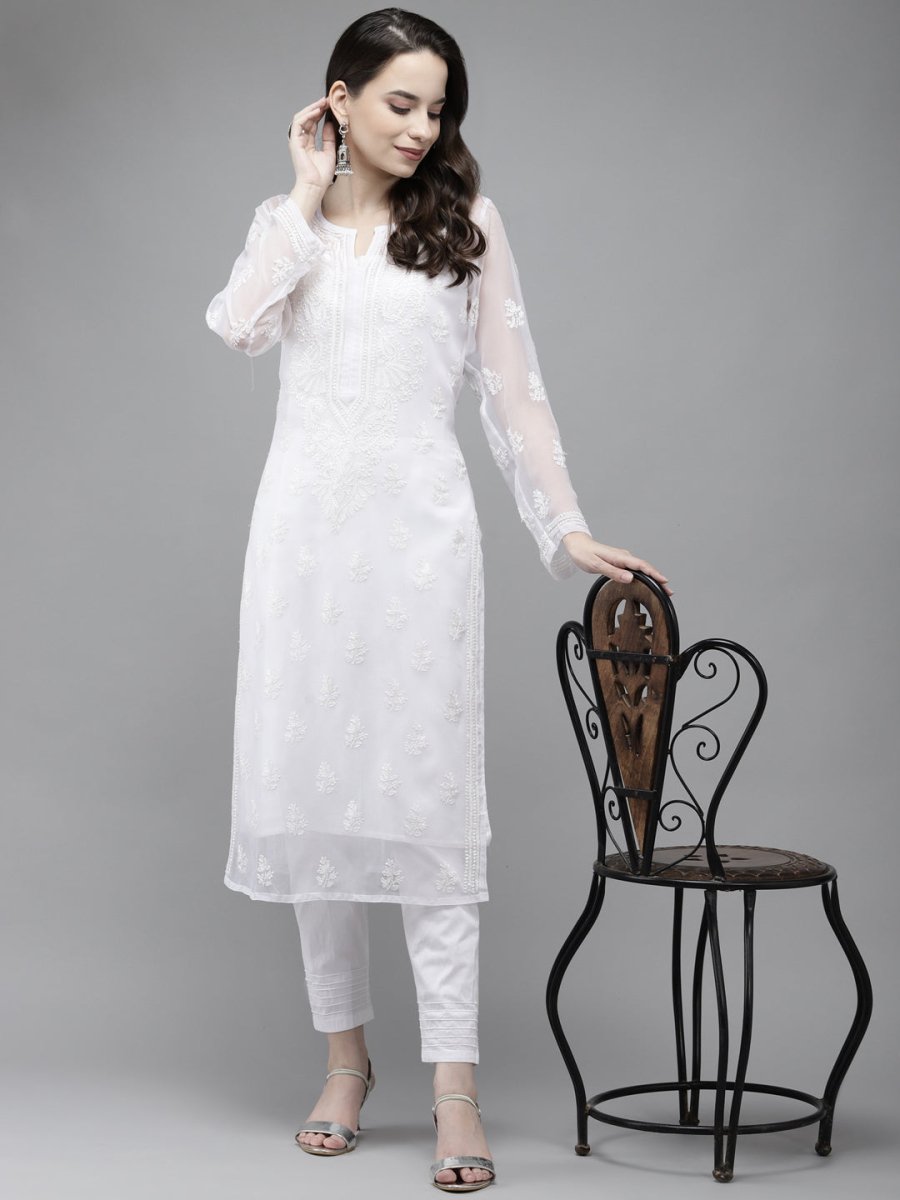 ADA Women White Ethnic Motifs Embroidered Regular Chikankari Handloom Kurta with Trousers | Swadesiicart