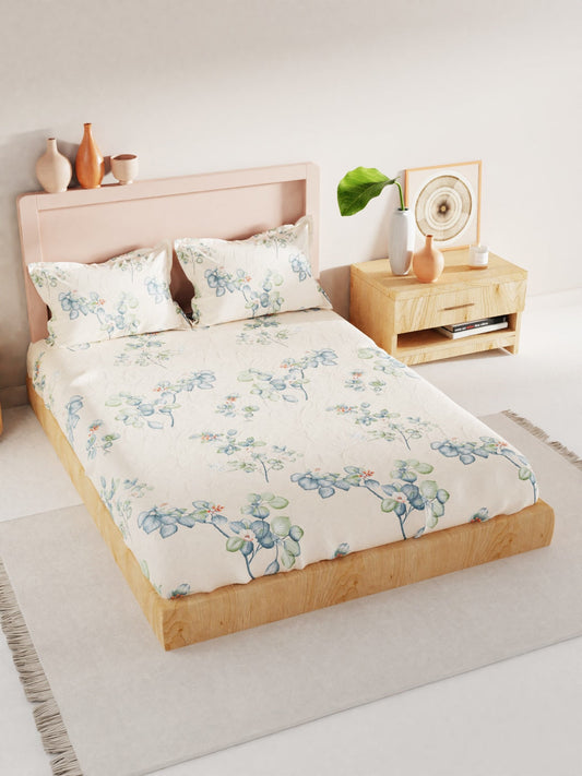 BIANCA Beige & Green Floral 186 TC King Bedsheet with 2 Pillow Covers - Swadesiicart