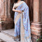Joban Fashion Light Blue Crepe Chiffon Pure Handloom Banarasi Silk Saree | Swadesiicart