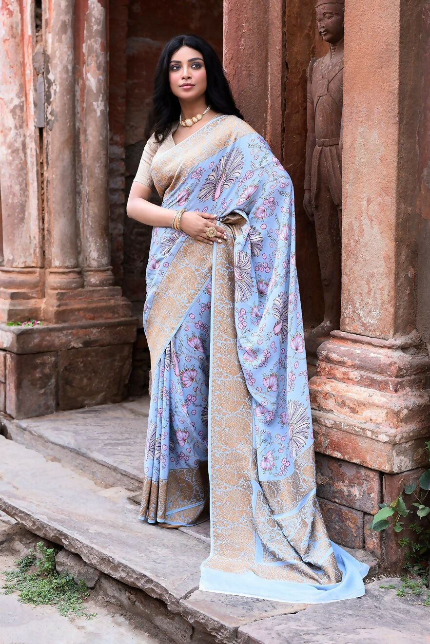 Joban Fashion Light Blue Crepe Chiffon Pure Handloom Banarasi Silk Saree | Swadesiicart