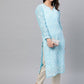 ADA Women Blue & White Chikankari Embroidered Straight Sustainable Handloom Kurta with Inner | Swadesiicart
