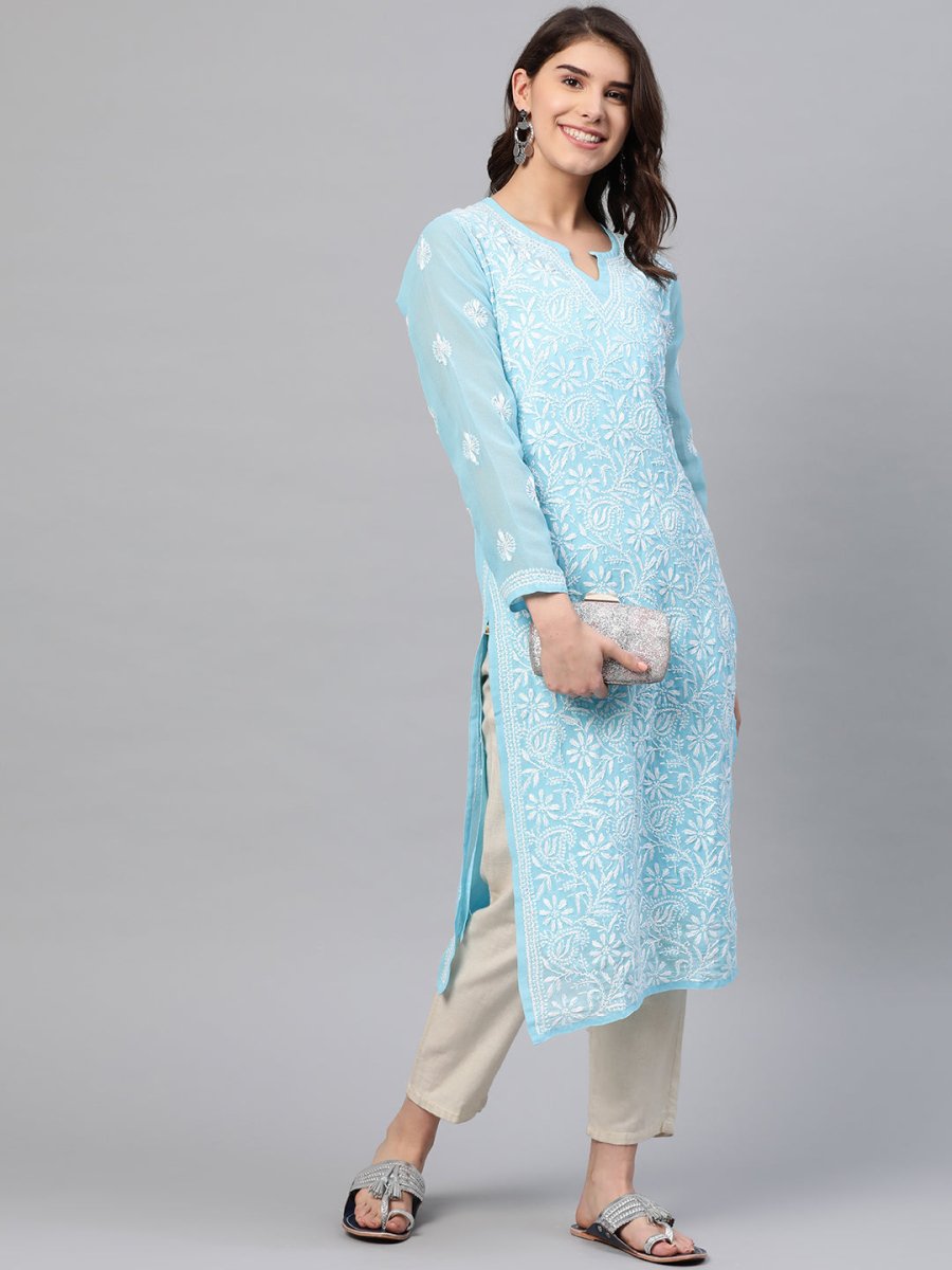 ADA Women Blue & White Chikankari Embroidered Straight Sustainable Handloom Kurta with Inner | Swadesiicart