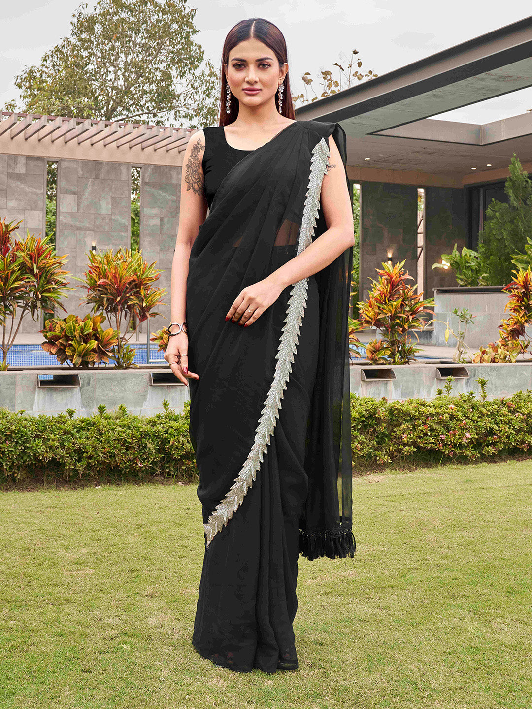 Tikhi Imli Black Beads and Stones Saree | Swadesiicart