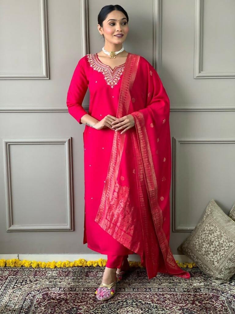Partywear Designer Viscos Chanderi Red Stitched Suit With Dupatta - Tanisha | Swadesiicart