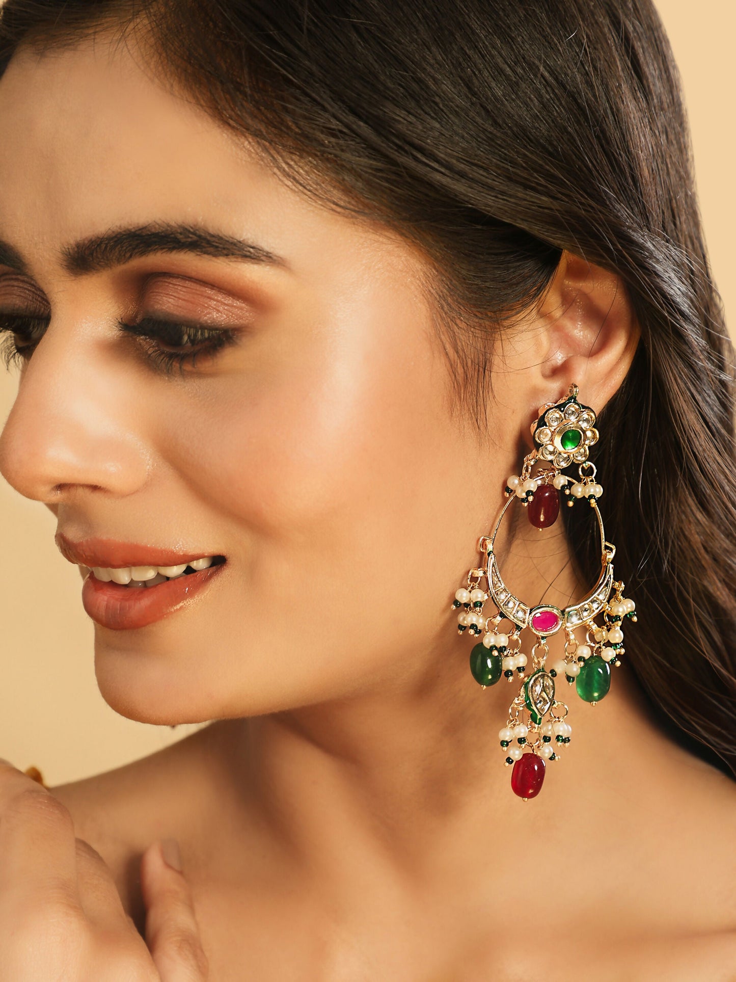 Nuyug 22K Gold Plated Crescent Kundan Drop Red Stone Chandbali Earrings | Swadesiicart
