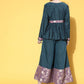 InWeave Women's Teal Mauve Brocade Mughal Shaan Kurta Palazzo Set - Swadesiicart