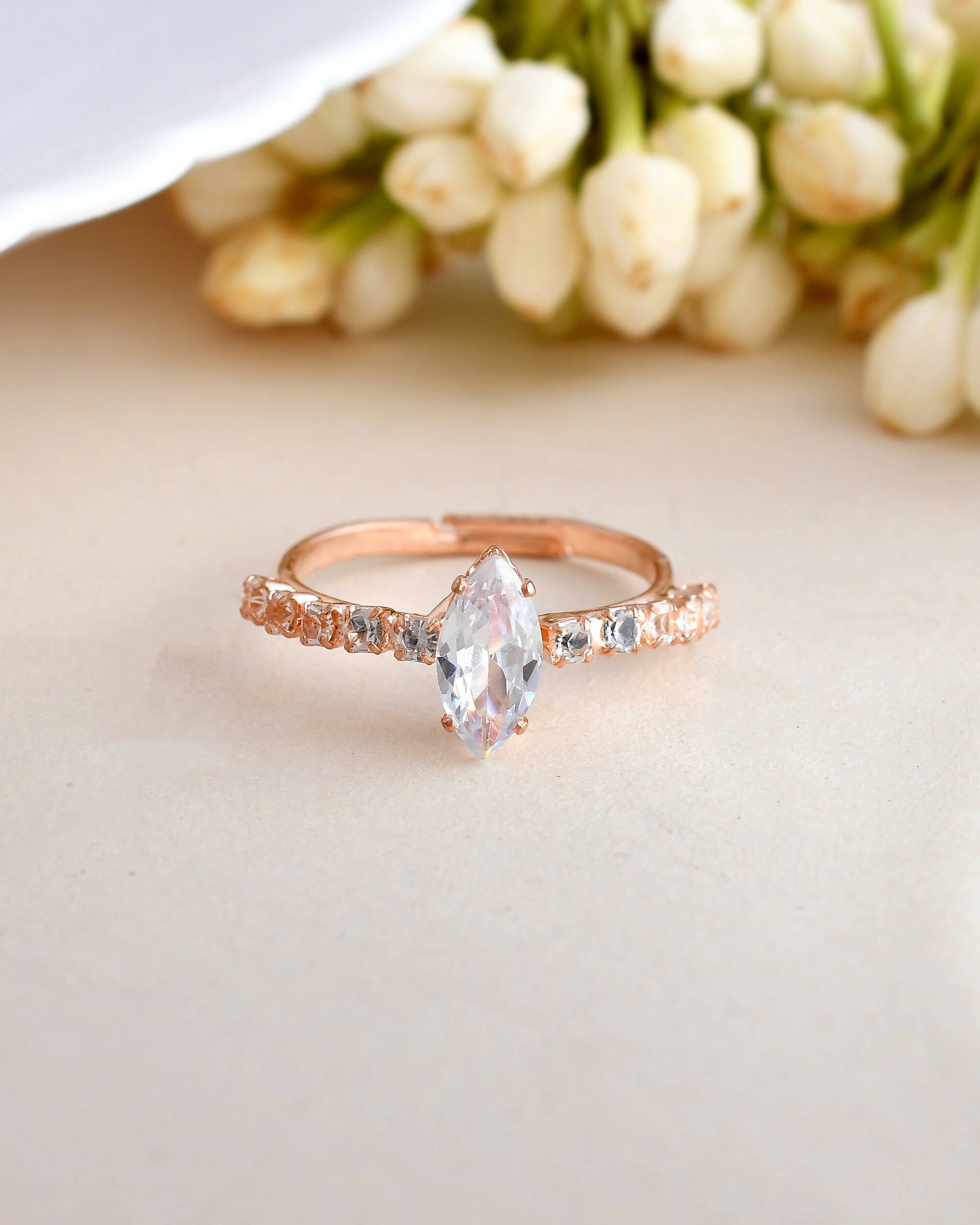 VOJ white CZ-detail Stainless Steel Cubic Zirconia Gold-Polished adjustable finger Ring | Swadesiicart