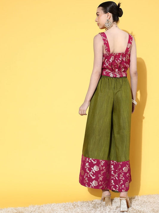 InWeave Women's Pink Brocade Strappy Top W Olive Pink Brocade Palazzo Set - Swadesiicart